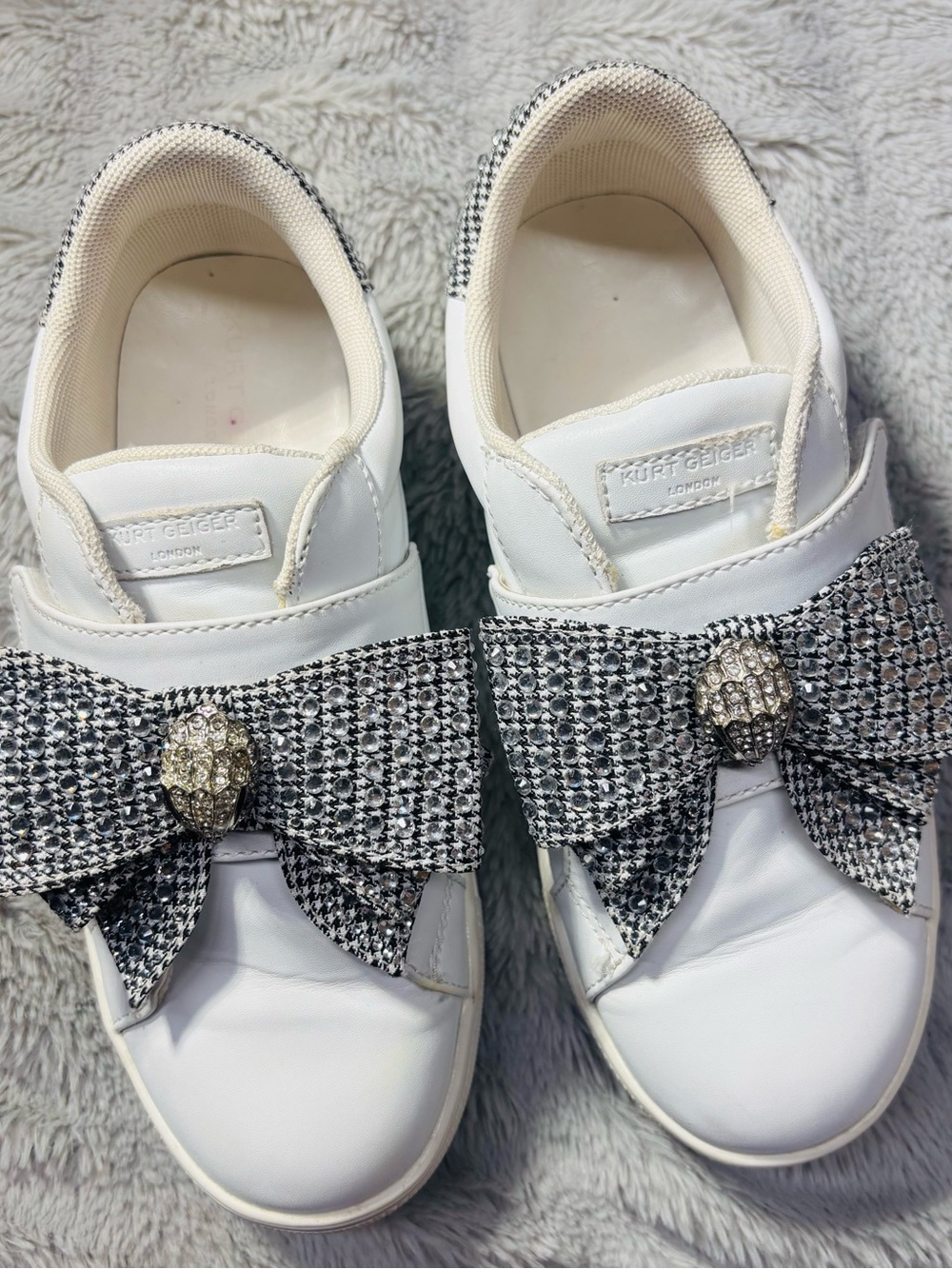 Kurt Geiger White Leather Sneakers with Crystal-Embellished Black-White Bows